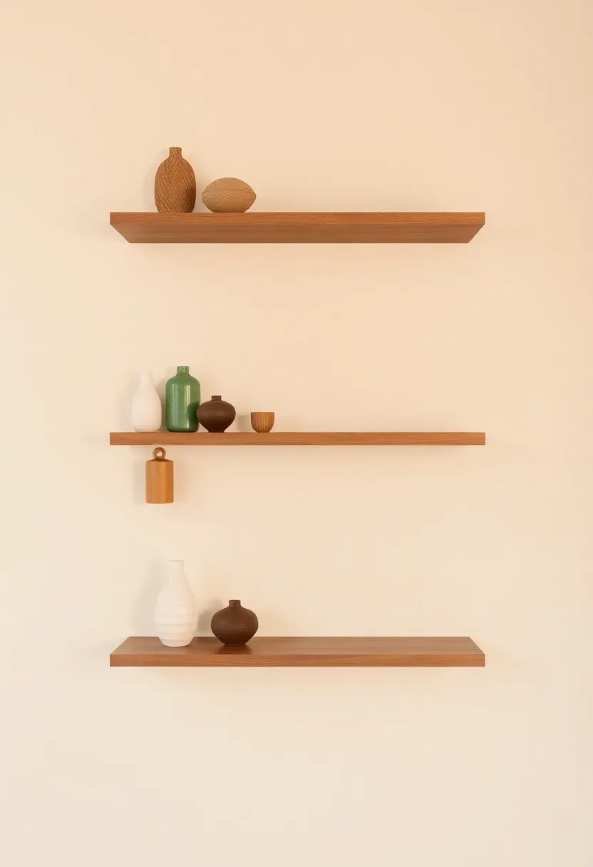 Floating shelf with a styled group at one end and 40 percent of the shelf surface intentionally empty — showing how negative space amplifies the objects beside it, warm cream wall behind