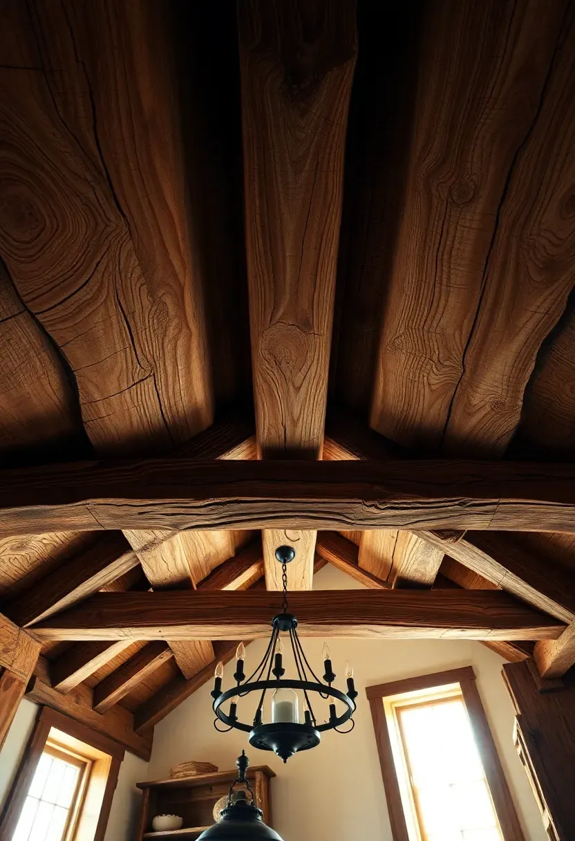 Hyper-realistic upward-angle view of hand-hewn beams in rustic tiny house great room. Irregular oak beams (6x8 inches) showing adze marks and natural edges, aged patina from centuries of use. White plaster ceiling between beams. Materials: hand-hewn white oak with tool marks, cream plaster, iron chandelier. Warm ambient light from lantern and windows, emphasizing beam irregularity and craftsmanship. Shallow depth of field showing adze marks and beam texture. Authentic hand-hewn timber frame mood.</p>