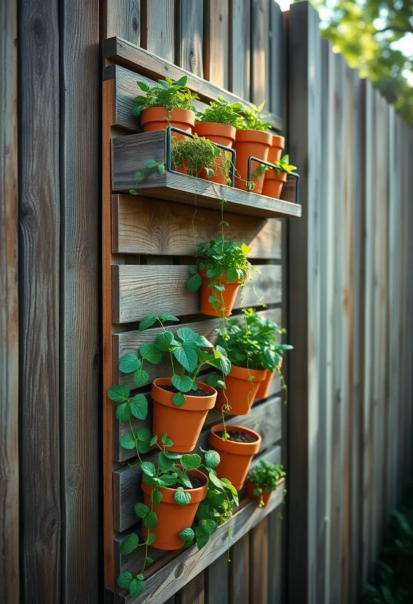 Narrow vertical wall planter made from reclaimed wood with multiple horizontal shelf pockets, mounted on a fence, planted with herbs and trailing plants in a small urban garden
