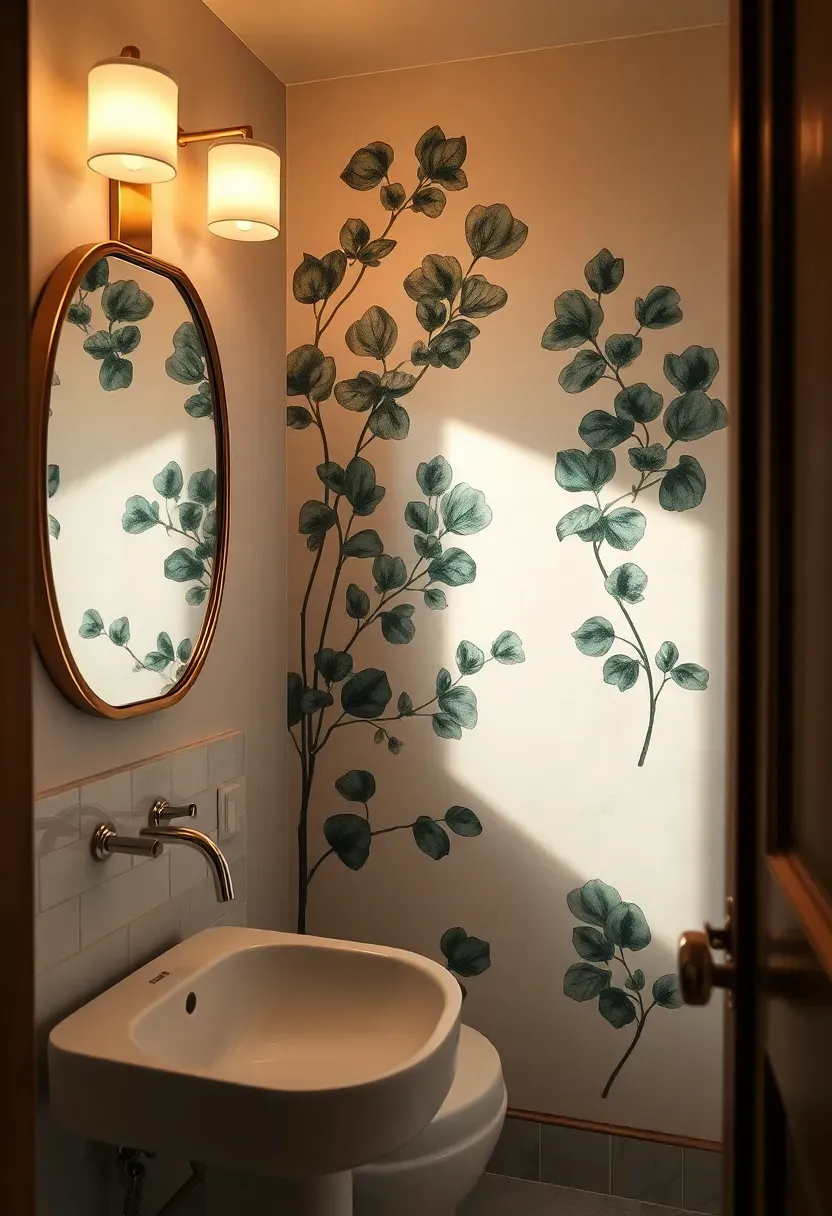 Custom hand-painted botanical mural with soft watercolor ferns and florals covering all four walls of an intimate powder room