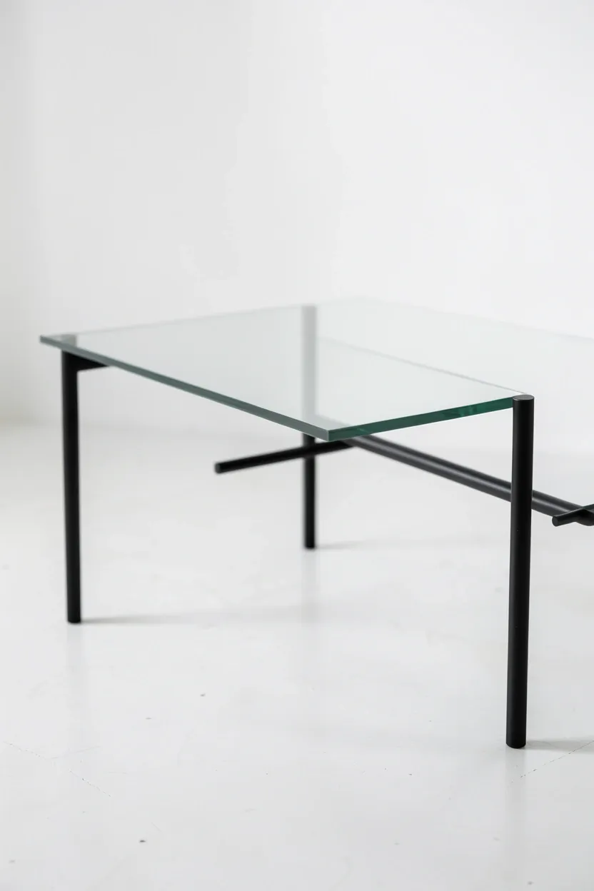 Sleek tempered glass coffee table on thin matte black metal legs keeping a small Scandinavian living room feeling open and airy