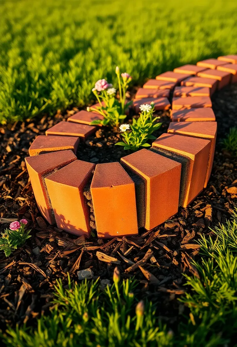 DIY brick border edging along a curved garden bed with red clay bricks set at an angle in the soil
