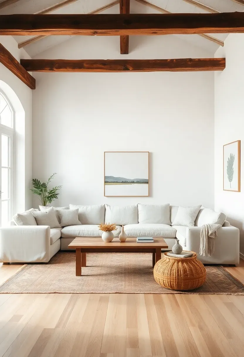 Hyper-realistic wide view of rustic minimalist living room emphasizing negative space around furniture. Materials: cream linen sofa, wood coffee table, exposed beams, light oak floor showing around rug edges, white walls with minimal art. Natural daylight from large windows. Clean composition showing generous empty space around furniture. No clutter, minimal accessories. No text, no logos, architectural interior magazine style.</p>