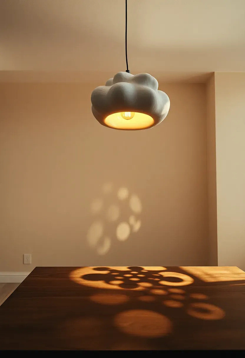 Artistic organic-shaped pendant light in white plaster hanging above a minimalist living room coffee table, casting warm sculptural shadows