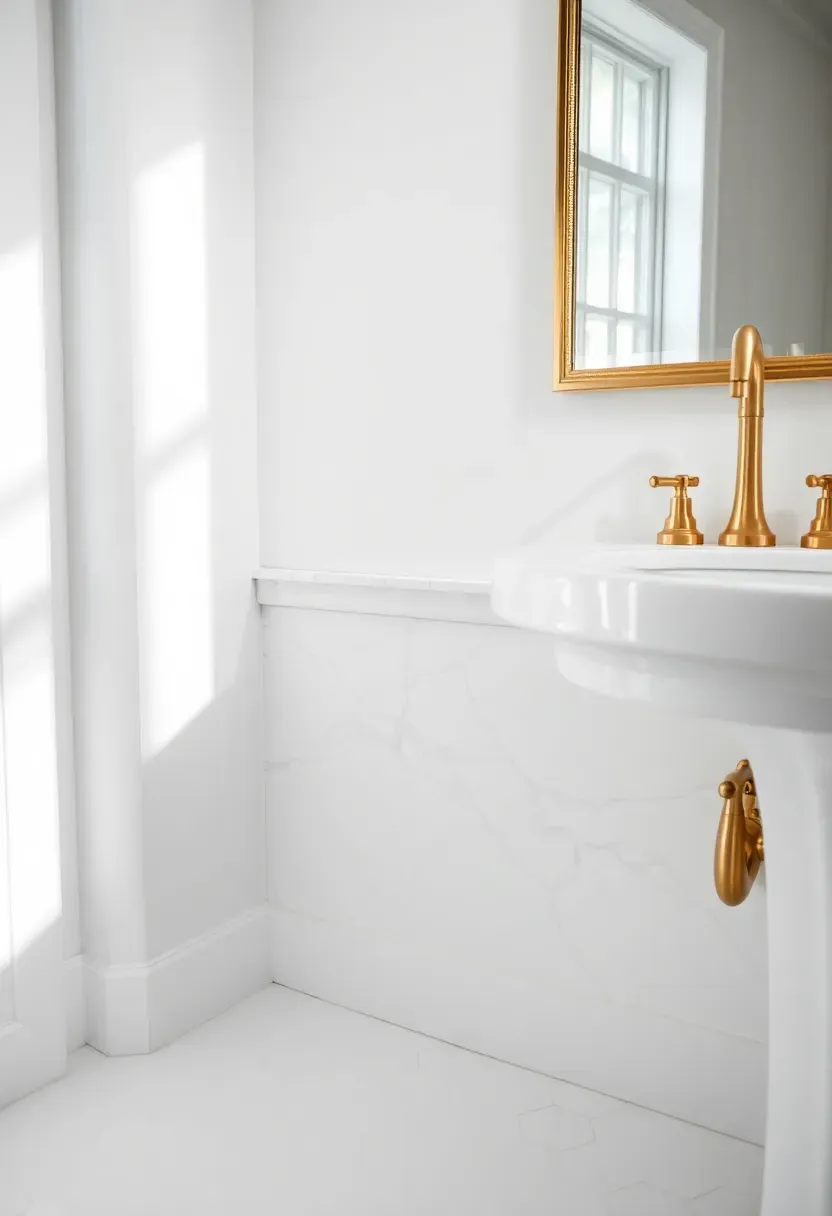 Honed marble baseboard strip in calacatta pattern running along a white bathroom wall above hexagonal floor tiles