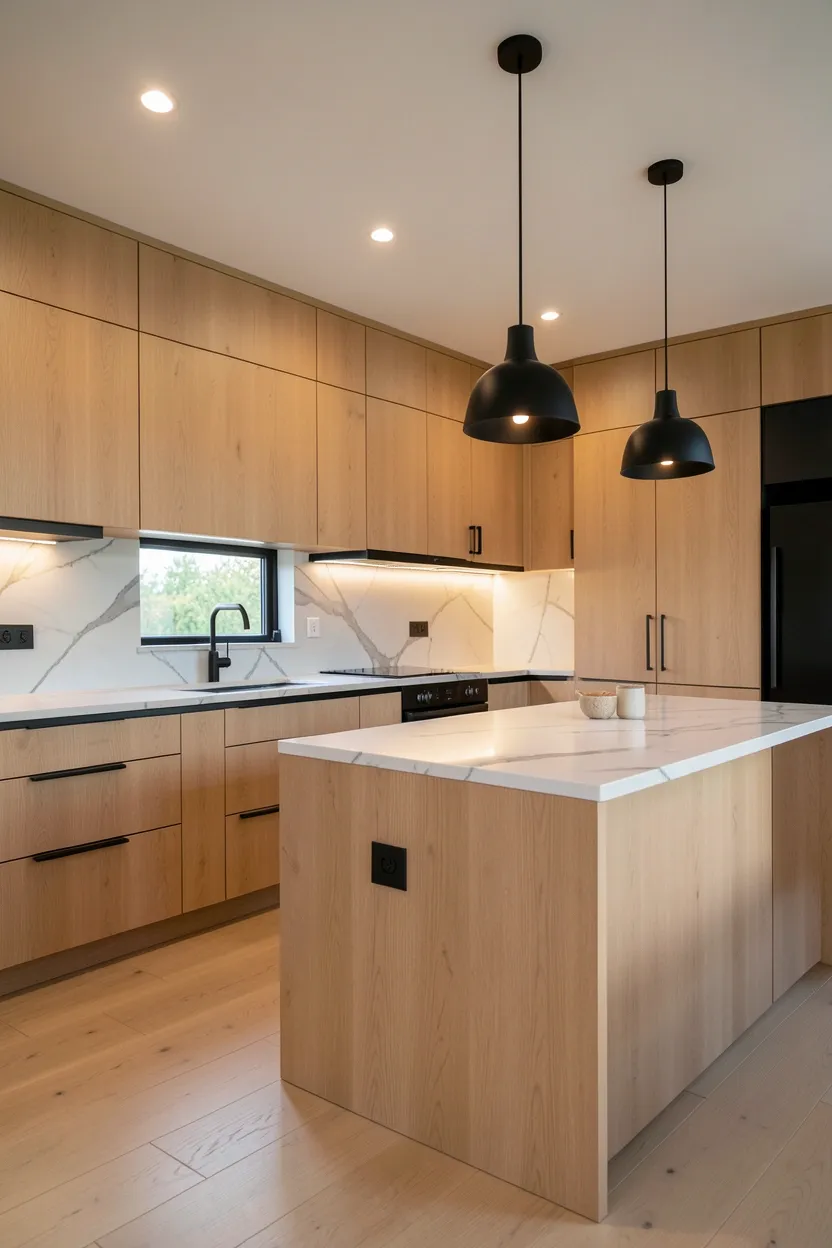 Hyper-realistic wide shot of a modern fall kitchen with matte black hardware accents. Light oak flat-panel cabinetry throughout with visible warm grain. Matte black bar pulls and handles on all cabinets and drawers. Matte black faucet at sink. Matte black pendant lights with minimalist shades over island. Large island in same light oak with waterfall edge. White marble countertop with warm gray veining. Warm ambient lighting from ceiling. Natural light from windows. Clean minimalist surfaces. No text, no logos, no watermarks.</p>