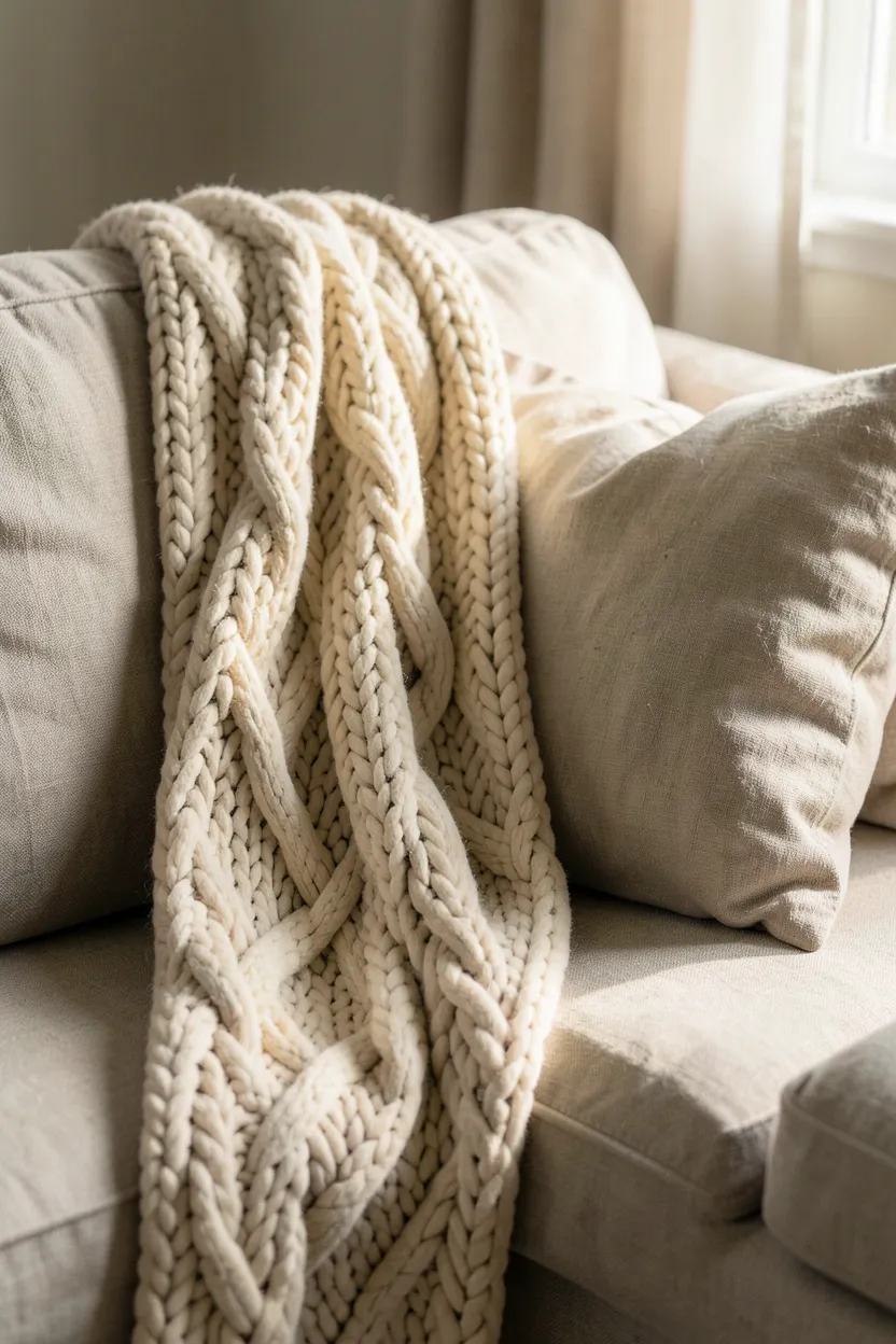 Chunky knit throw blankets and natural linen pillows layered on a sofa in a cozy farmhouse living room