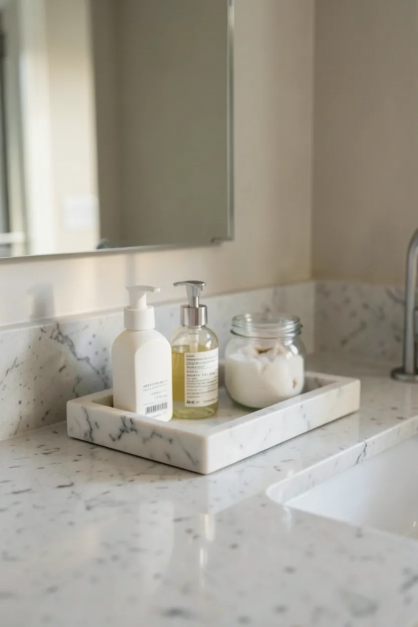 Oval marble vanity tray holding hand soap dispenser, lotion, and small candle arranged neatly on a white bathroom countertop