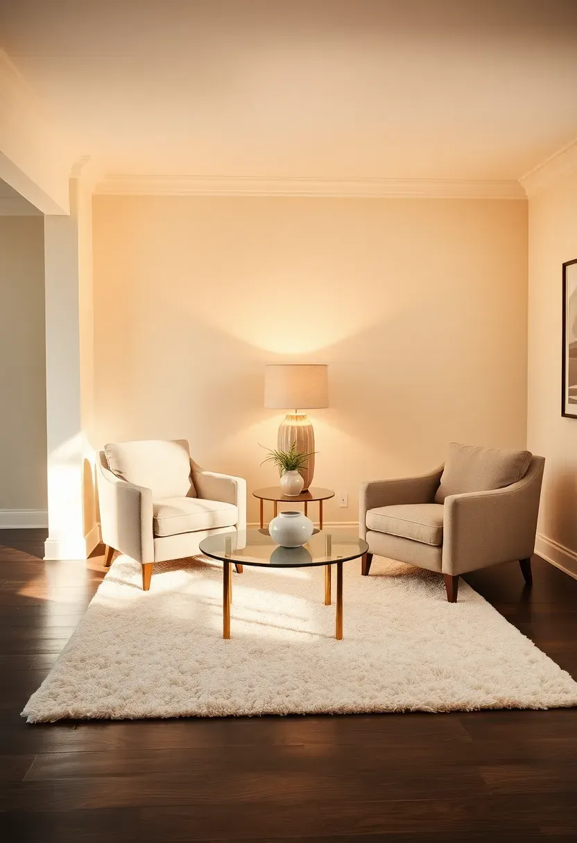 elegant basement sitting room with creamy almond walls and plush area rug