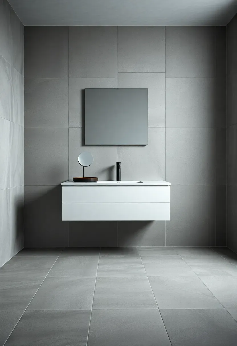 Industrial concrete-look porcelain floor tiles in a medium grey tone in a modern minimalist bathroom with floating vanity