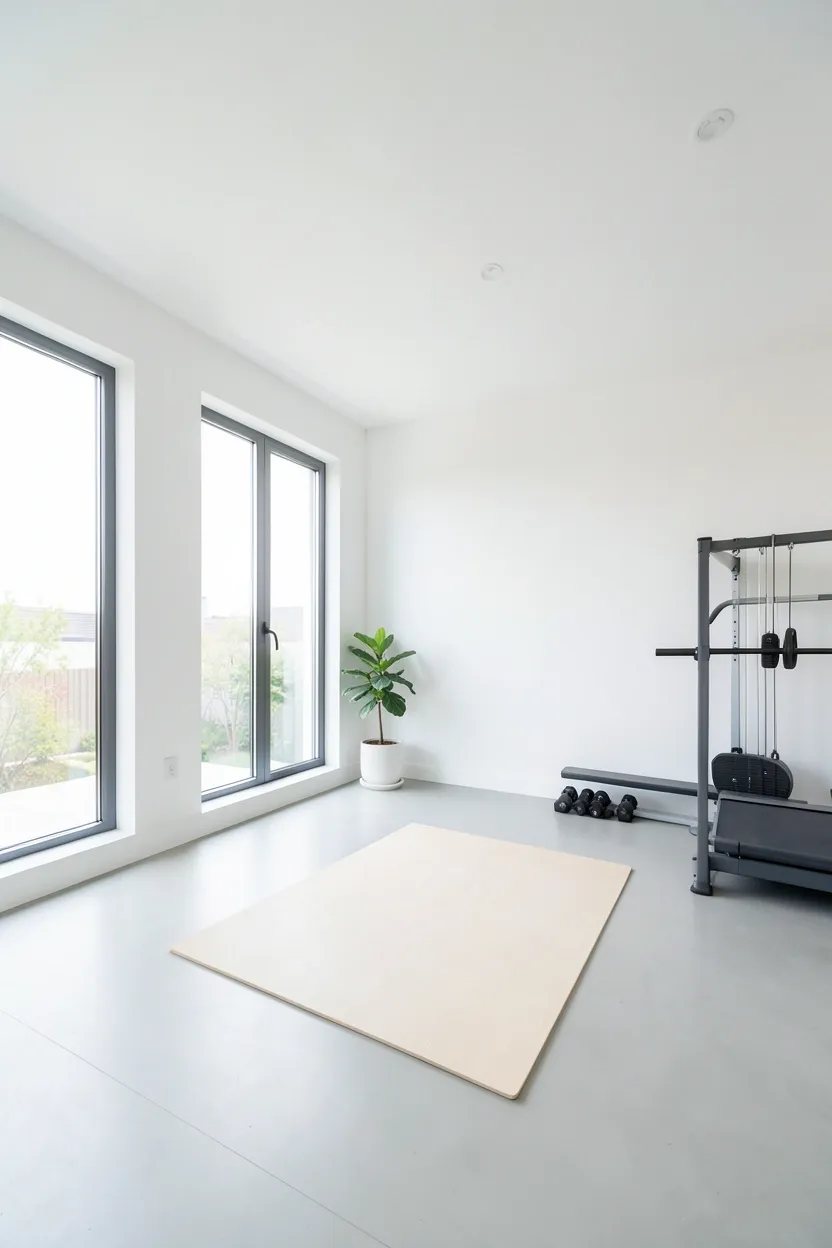 Minimalist home gym flooded with natural light, white walls, a yoga mat, and a few kettlebells — clean and uncluttered workout space