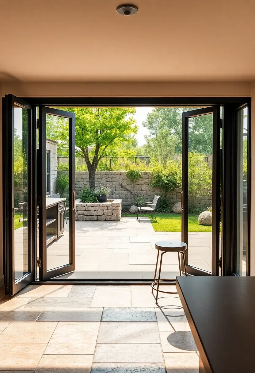 Walkout basement bar with open bifold doors connecting to a stone patio, outdoor counter extension, and natural light flooding in