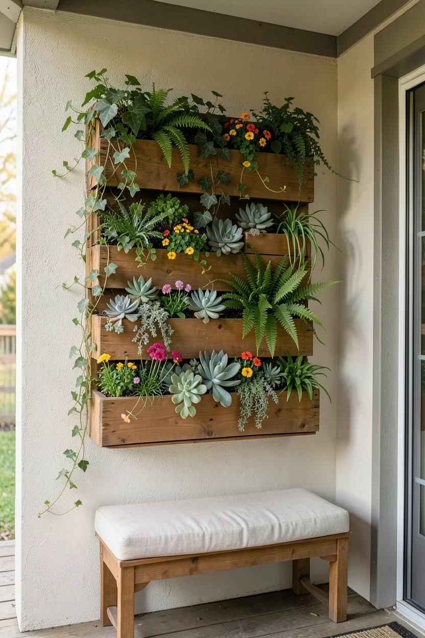 Hyper-realistic eye-level photograph of back porch with wooden vertical planter mounted to wall, containing variety of plants: trailing ivy, ferns, flowering annuals, succulents, creating living wall effect, small wooden bench below with cushion. Natural morning light. Materials: cedar planter boxes, various plants, fabric. Living wall mood. Sharp details on leaf textures and planter wood grain. No text, no logos, no watermarks.