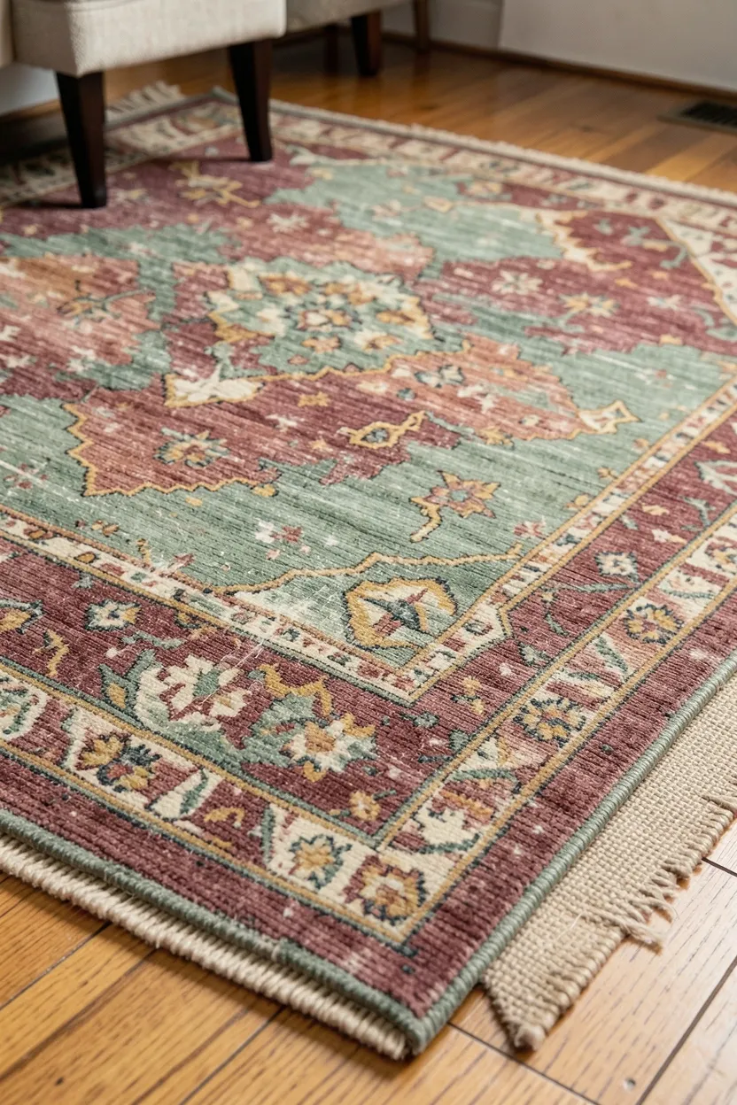 Layered vintage Persian rug over jute rug in warm earth tones on farmhouse living room hardwood floor