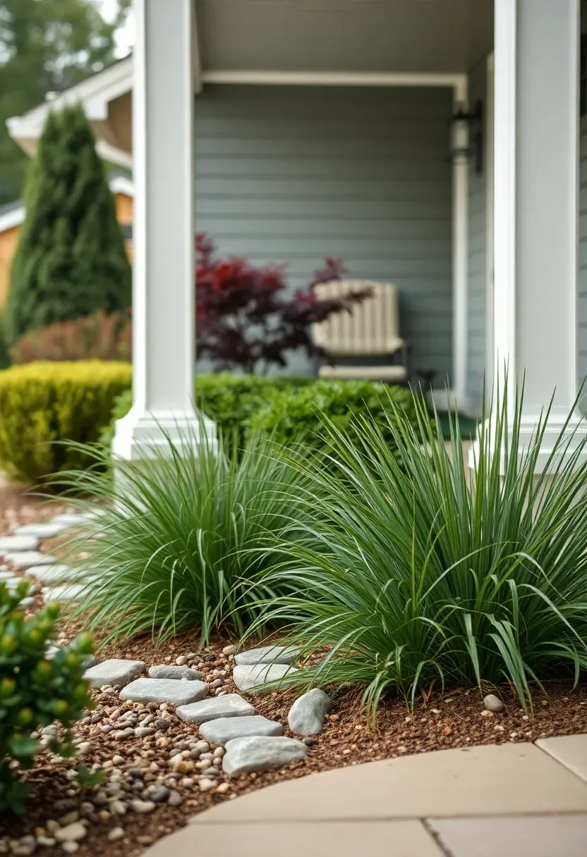Ranch porch landscaping transformation with ornamental grasses, river rock bed, and Japanese maple
