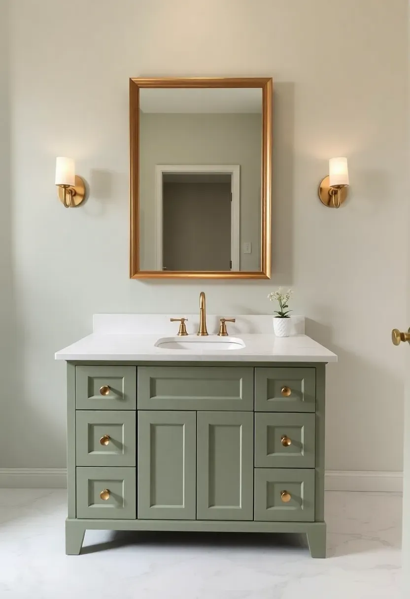 Single shaker-style bathroom vanity in soft sage green with brass cup pulls and a white quartz top