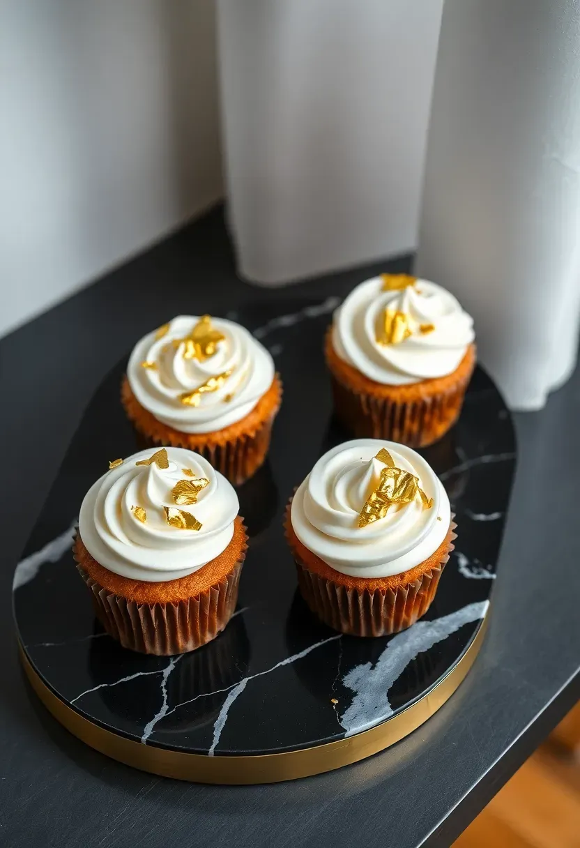 luxurious cupcakes with smooth white frosting and gold leaf flakes on a black marble serving board with gold accents