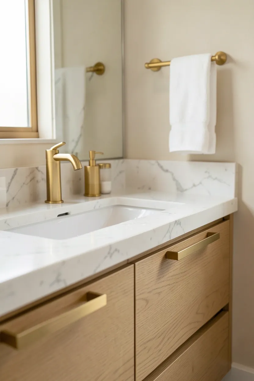 Brushed gold faucet and towel bar accents against white marble tile in an elegant modern luxury bathroom