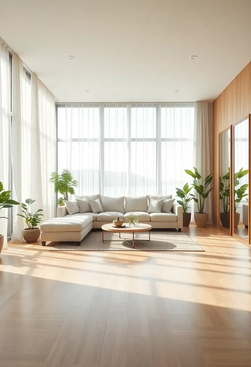 Hyper-realistic wide shot of bright modern living room with floor-to-ceiling windows across one wall, sheer white linen curtains, light oak floor reflecting daylight, cream sofa, plants throughout, mirrors on opposite wall reflecting light and view. Materials: large glass windows, sheer linen curtains, light oak, cream linen upholstery, live plants. Abundant natural daylight flooding space, airy organic mood. Composition emphasizing light and transparency. Sharp details on curtain sheerness and floor reflections. No text, no logos, no watermarks.</p>