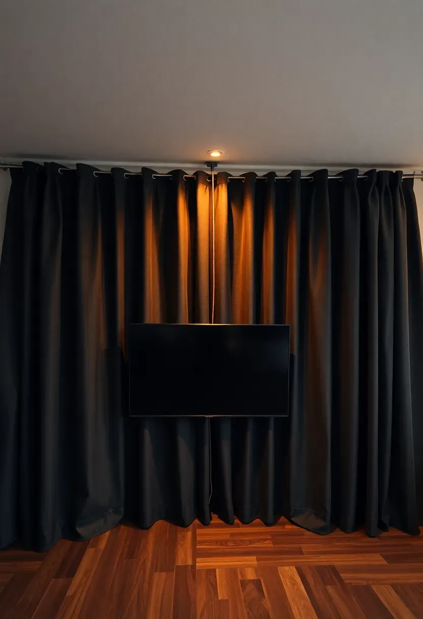 Floor-to-ceiling dark curtain behind a wall-mounted TV in a basement creating a soft theater-like backdrop