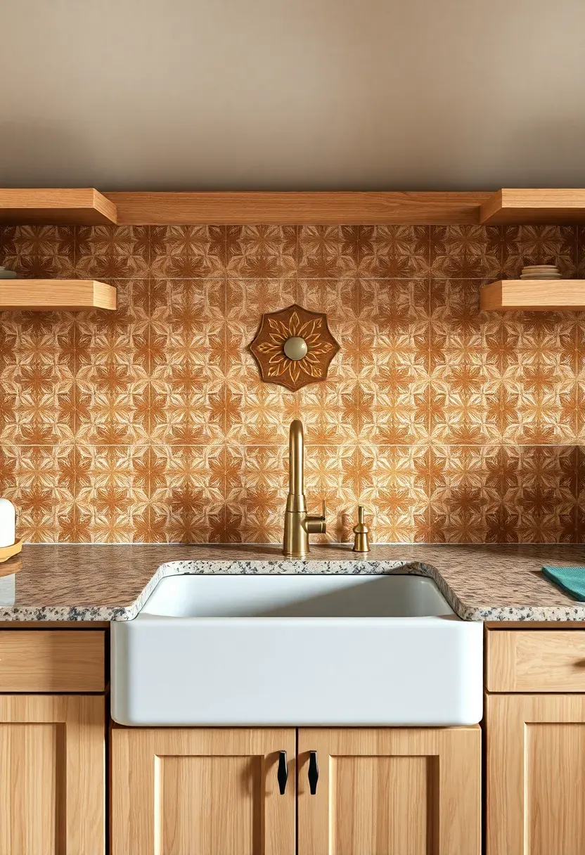 patterned cement tile in earth tones with geometric motif as kitchen backsplash behind sink with fantasy brown granite
