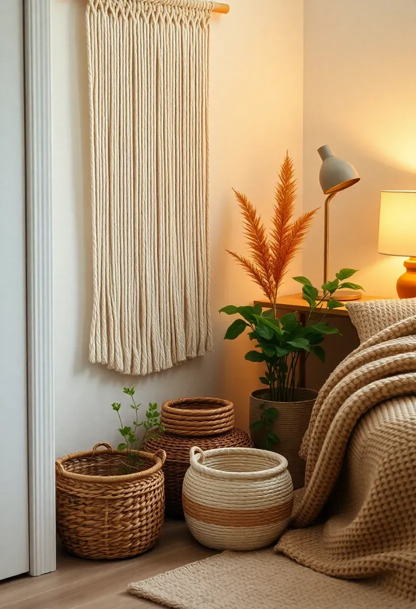 boho dorm room corner with macrame wall hanging woven baskets terracotta plants and warm textiles