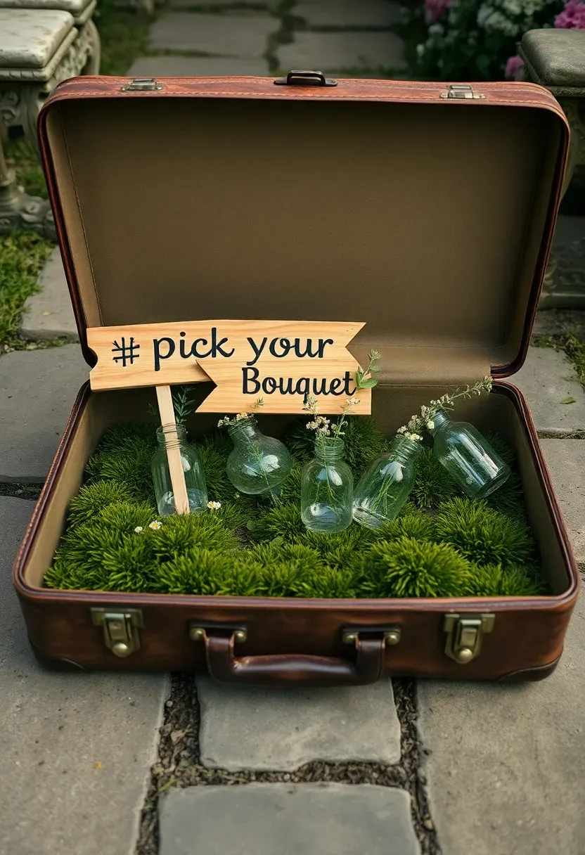 vintage suitcase flower bar display with bud vases in moss-lined open suitcase in a garden