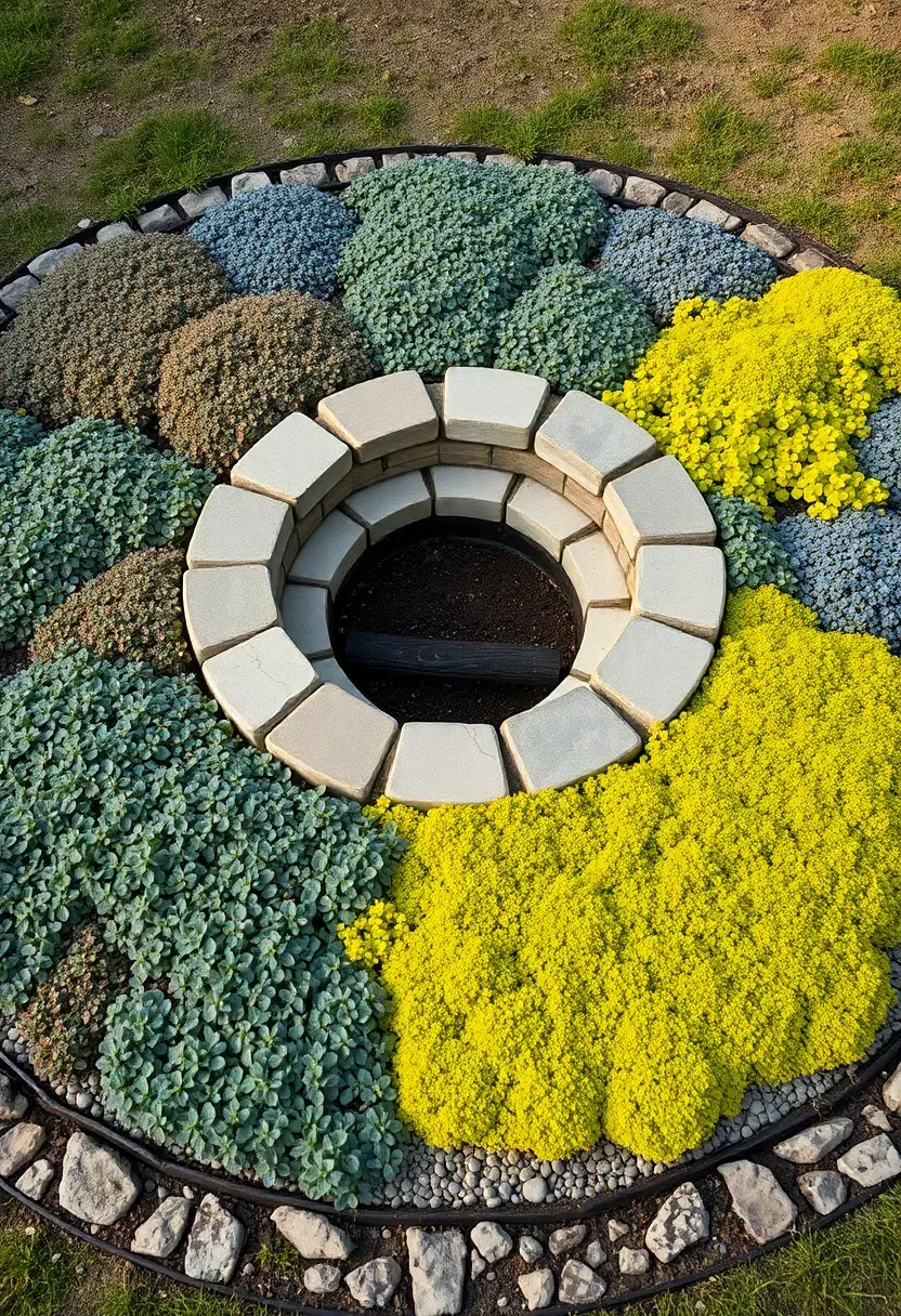 A fire pit surrounded by a mosaic-like pattern of different ground cover plants creating a patchwork effect