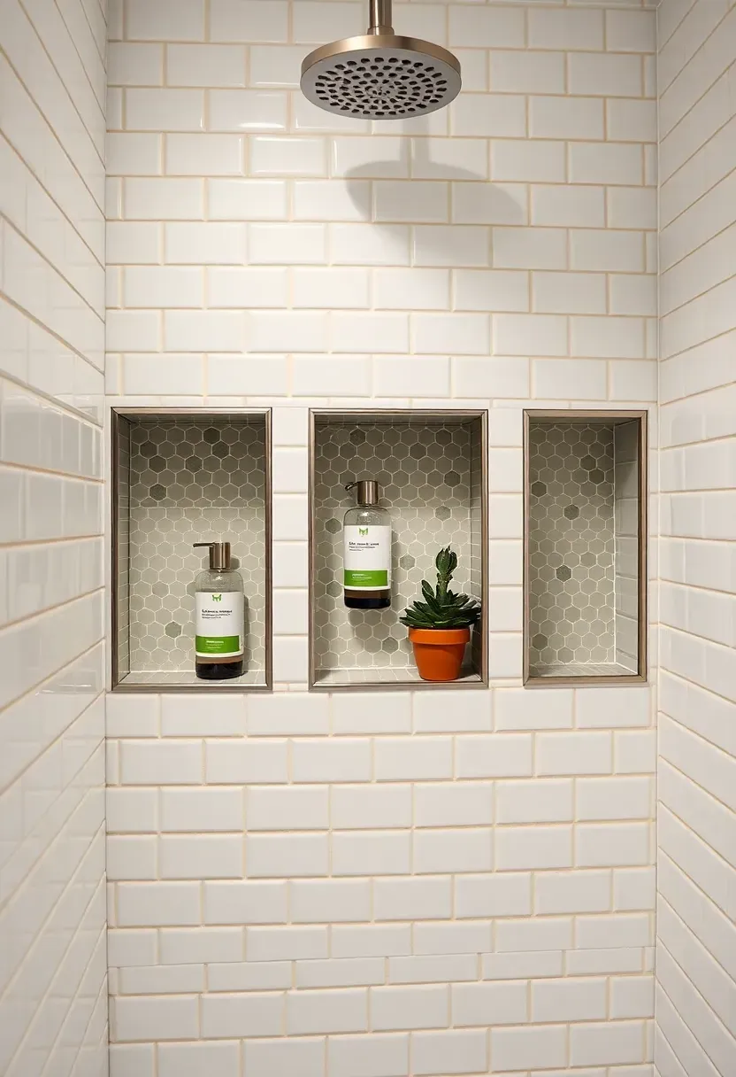 built-in shower niche and wall niche storage in a white tile bathroom