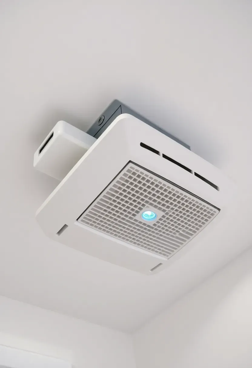 Ceiling-mounted bathroom exhaust fan with humidity sensor indicator light in a basement bathroom