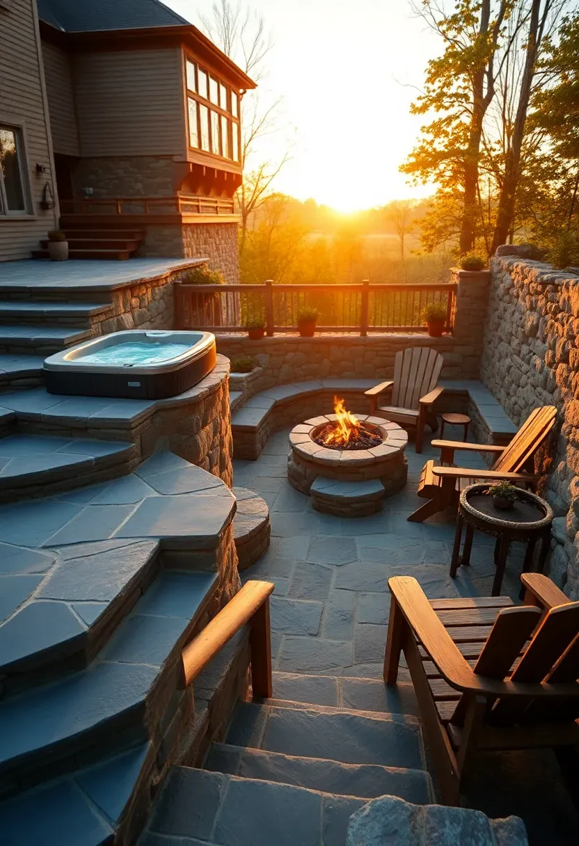 A multi-level stone patio with a hot tub on the upper tier connected by wide stone steps to a lower seating area with a fire pit