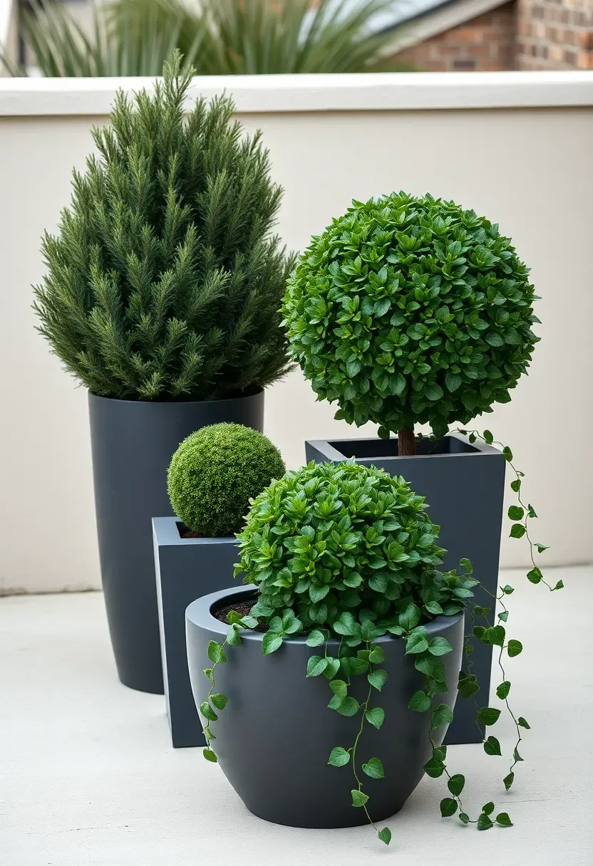 Modern patio arrangement of mixed evergreen container plants including dwarf conifers, boxwood spheres, and trailing ivy in large concrete pots