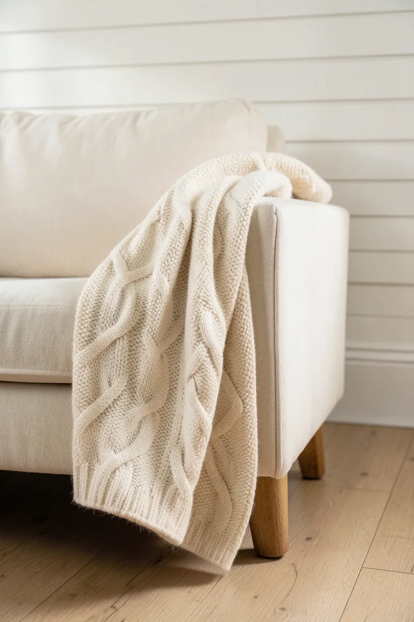 Cream cable-knit throw draped over a neutral farmhouse sofa in a minimalist living room