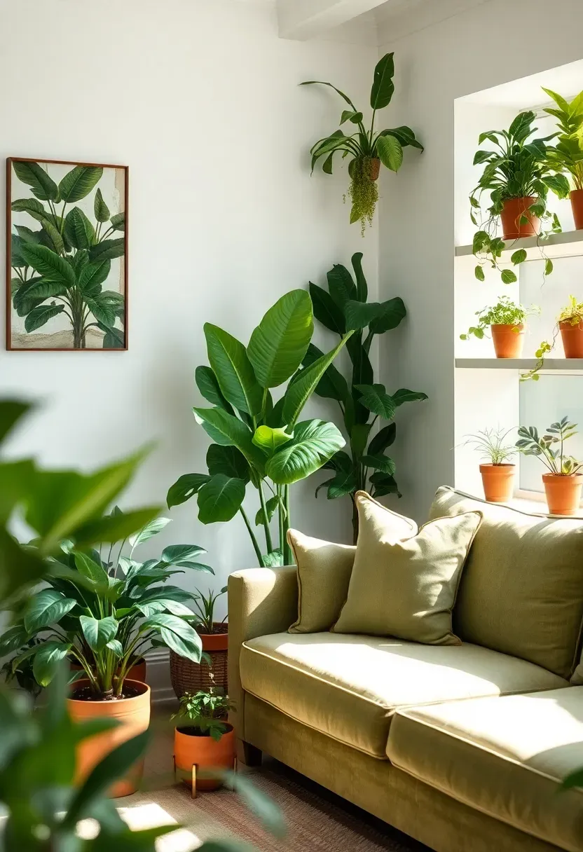 Hyper-realistic view of sage green living room filled with indoor plants — large fiddle leaf fig in corner, smaller plants on shelves, sage green sofa, white walls. Materials: sage green upholstery, sage walls, various live plants in terracotta pots, white walls. Bright natural light, biophilic lush mood. Plants enhancing sage color palette, shallow depth of field, no text, no logos.</p>