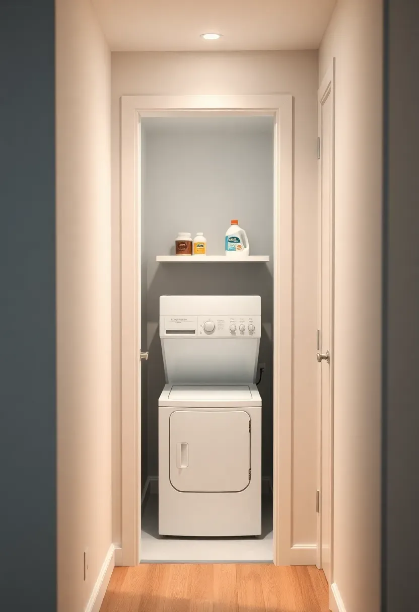 Pocket door sliding into the wall revealing a compact stacked laundry nook with shelves and a small folding counter