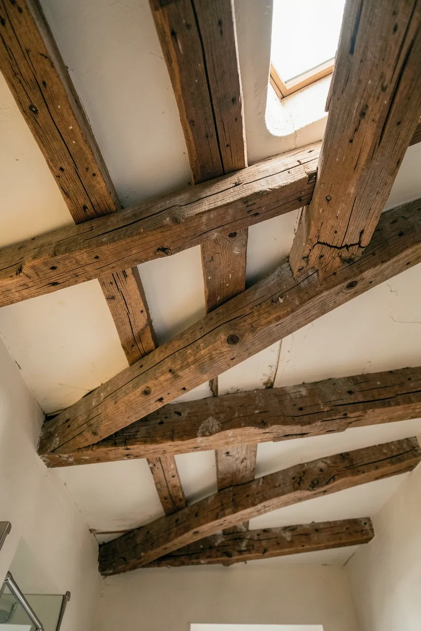 Hyper-realistic eye-level photograph looking upward at rustic bathroom ceiling featuring exposed reclaimed oak wood beams with visible grain and knots, aged patina, white plaster between beams, small skylight with natural light filtering in. Warm ambient lighting. Materials: reclaimed oak wood beams, plaster, glass. Authentic exposed beam ceiling. Cozy architectural detail. No text, no logos, no watermarks.</p>
