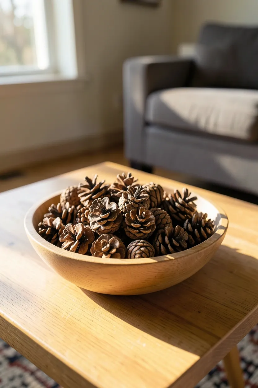 Hyper-realistic eye-level photograph of wooden bowl filled with natural pinecones on coffee table in living room. Bowl is light oak with visible grain. Pinecones vary in size from small to large with natural brown tones and slight dust accumulation showing they were gathered from nature. Warm morning light filters through window, creating interesting shadows highlighting pinecone texture and bowl rim. Part of sofa and rug visible in background. Materials: pinecones, light oak wood. Natural woodland mood. Sharp pinecone and wood grain details, shallow depth of field, organic composition. No text, no logos, no watermarks.