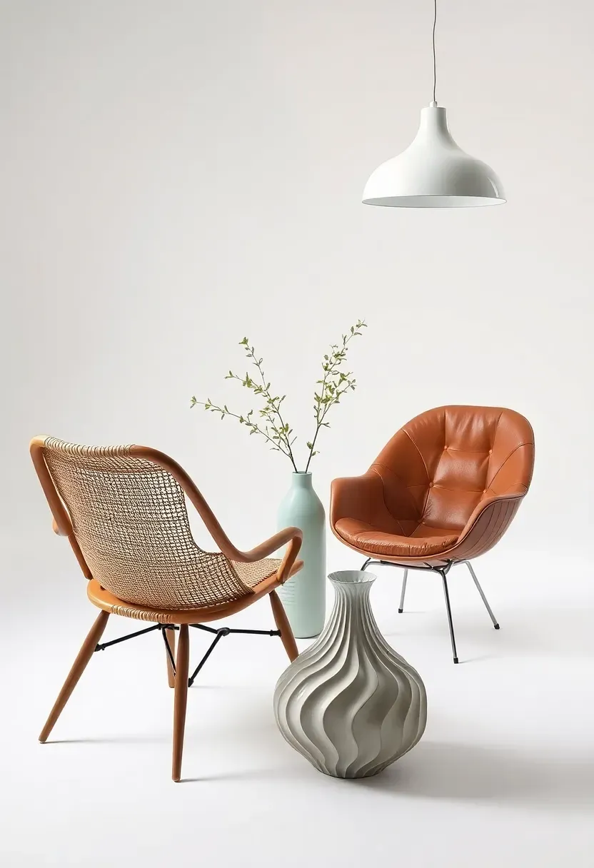 Hyper-realistic still life composition of iconic Scandinavian furniture pieces. Wegner Wishbone chair with visible paper cord weave, Jacobsen Egg chair showing curved shell form, Aalto Savoy vase with organic waves, PH5 pendant lamp hanging above. White background studio setting allowing each piece to shine. Materials: pale oak wood, paper cord, leather upholstery, glass, metal. Soft even lighting highlighting form and craftsmanship. Iconic design mood showing timeless pieces that define Scandinavian furniture excellence, each item photographed with space to appreciate its design.</p>