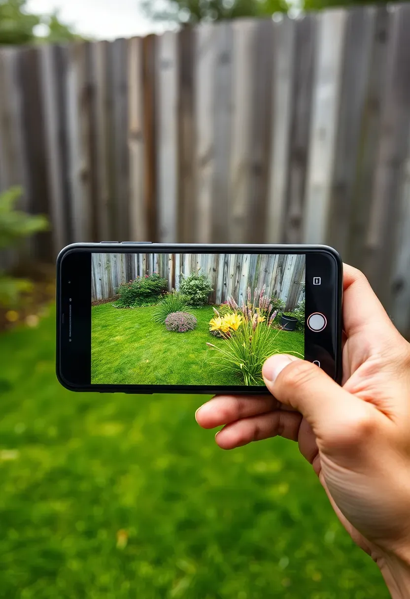Person holding a smartphone in a backyard using augmented reality to preview shrubs and flowers overlaid on the actual lawn