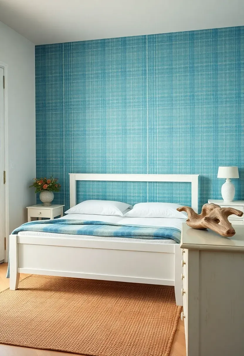 serene coastal bedroom with blue-green grasscloth wallpaper accent wall behind a white wooden bed frame with natural fiber rug and driftwood decor
