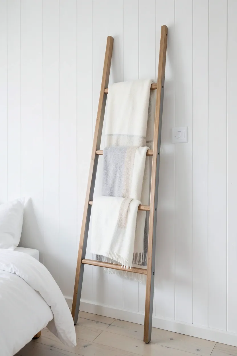 Freestanding reclaimed wood blanket ladder leaning against a white wall in a Scandinavian rustic bedroom holding layered neutral linen throws