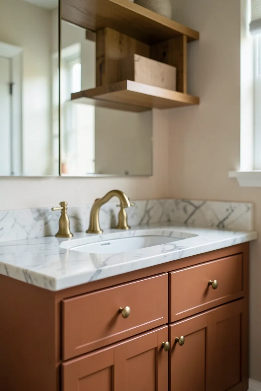 Terracotta-painted bathroom vanity with natural wood shelving, a wood-framed mirror, and brass drawer hardware