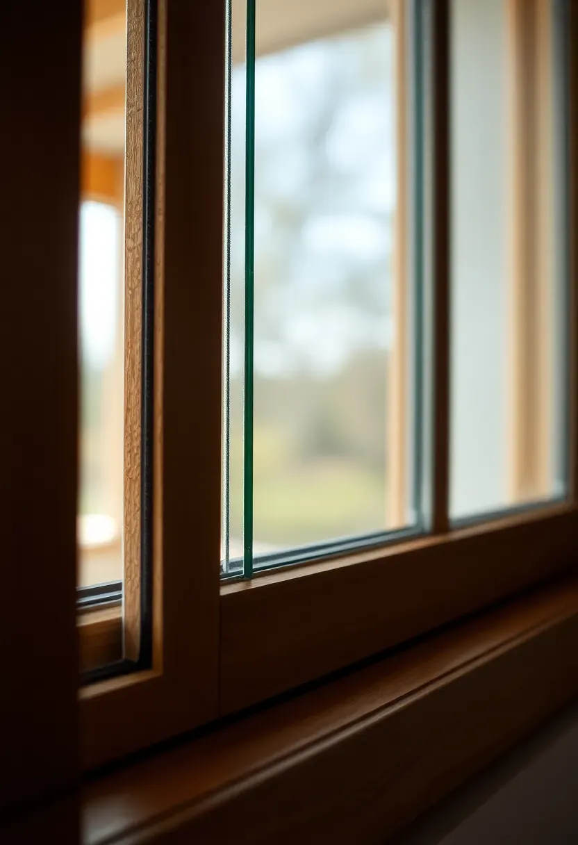 Hyper-realistic detail view of double-glazed window section showing two glass panes with spacer, low-E coating reflection visible, and wood frame. Materials: insulated glass unit, wood window frame, weatherstripping. Soft backlighting showing glass quality, thermal break visible. High-performance window technology, energy efficiency. Shallow depth of field, blurred interior background. No text, no logos.</p>