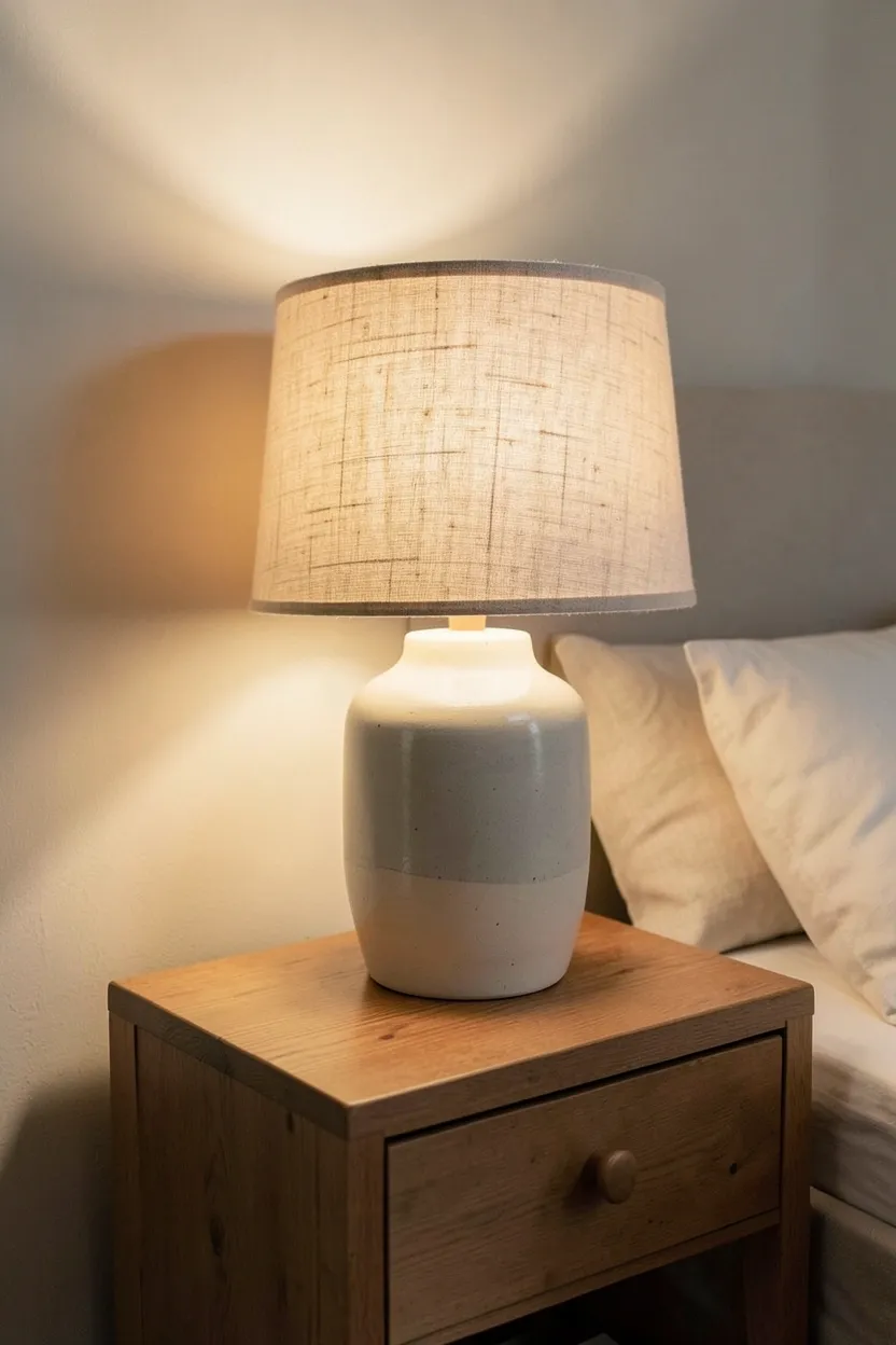 Handmade ceramic table lamp with natural unbleached linen shade on a wood nightstand in a cozy farmhouse bedroom
