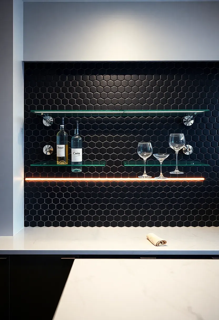 matte black hexagon mosaic tile backsplash behind a modern home bar with floating glass shelves