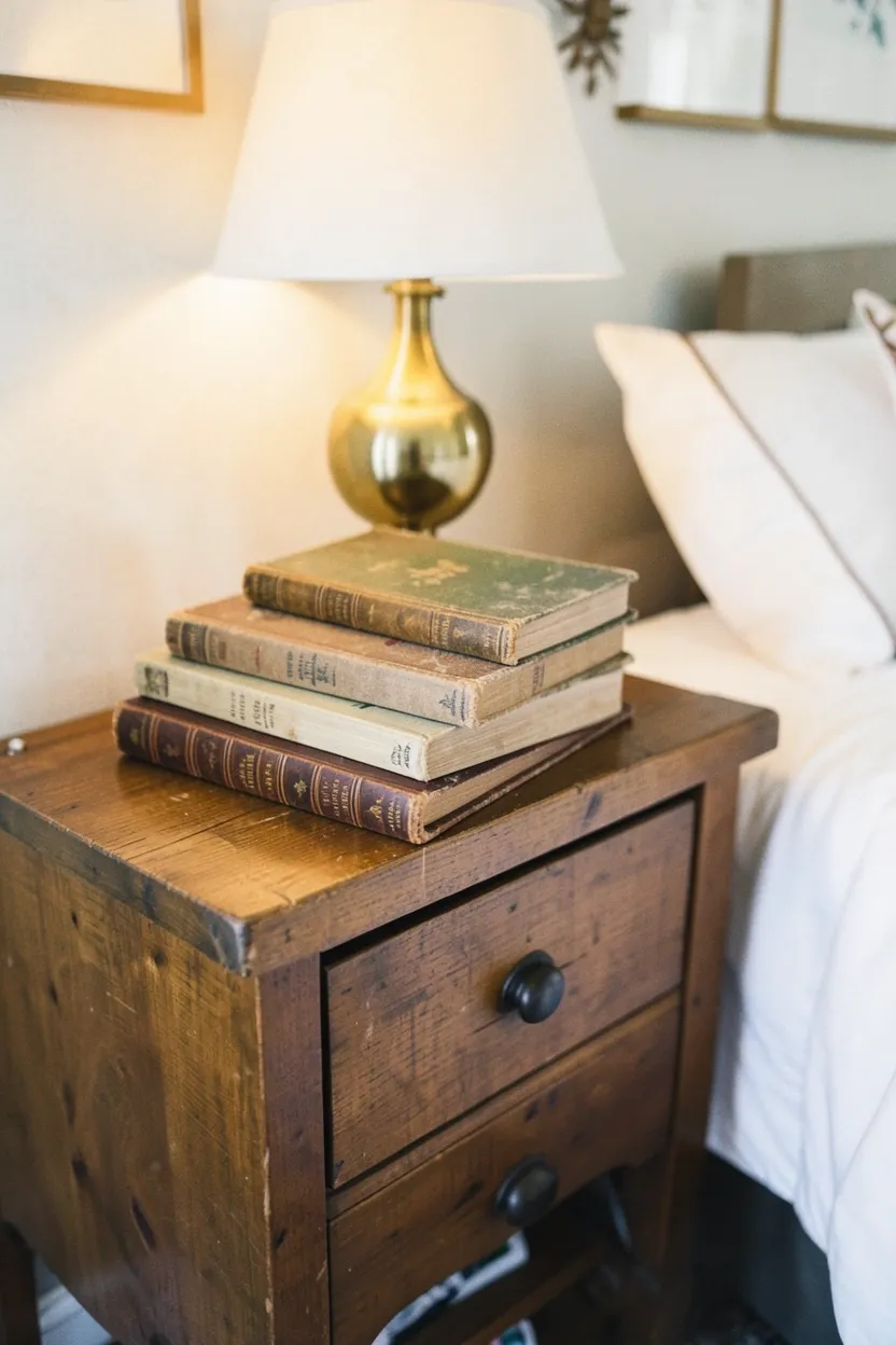 Stack of antique books with cloth and leather spines styled on a rustic wood nightstand alongside a vintage lamp in a farmhouse bedroom