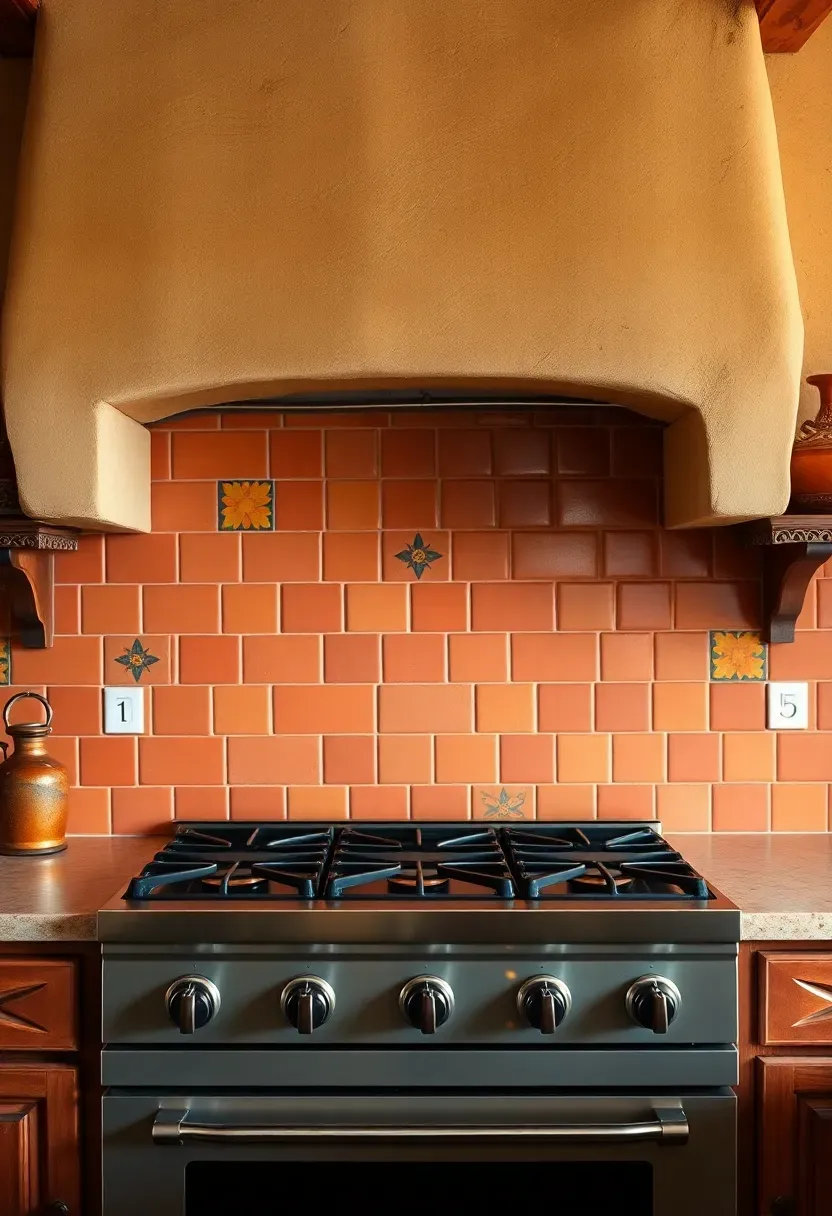 terracotta saltillo tile backsplash behind stove with colorful painted accents and rustic wood beam kitchen