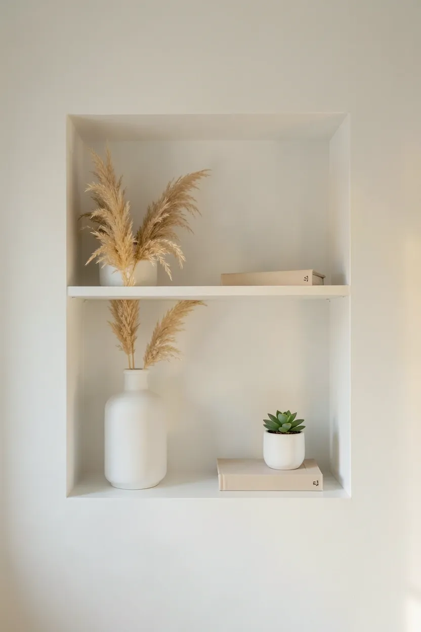White built-in wall shelves with ceramics and small plants in a Japandi minimalist bedroom