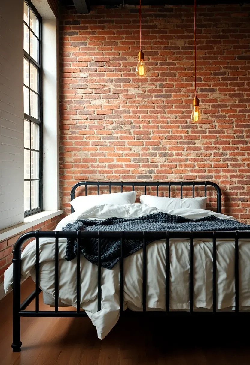 industrial loft bedroom with exposed red brick accent wall behind a metal frame bed with soft white bedding and hanging Edison bulb pendants
