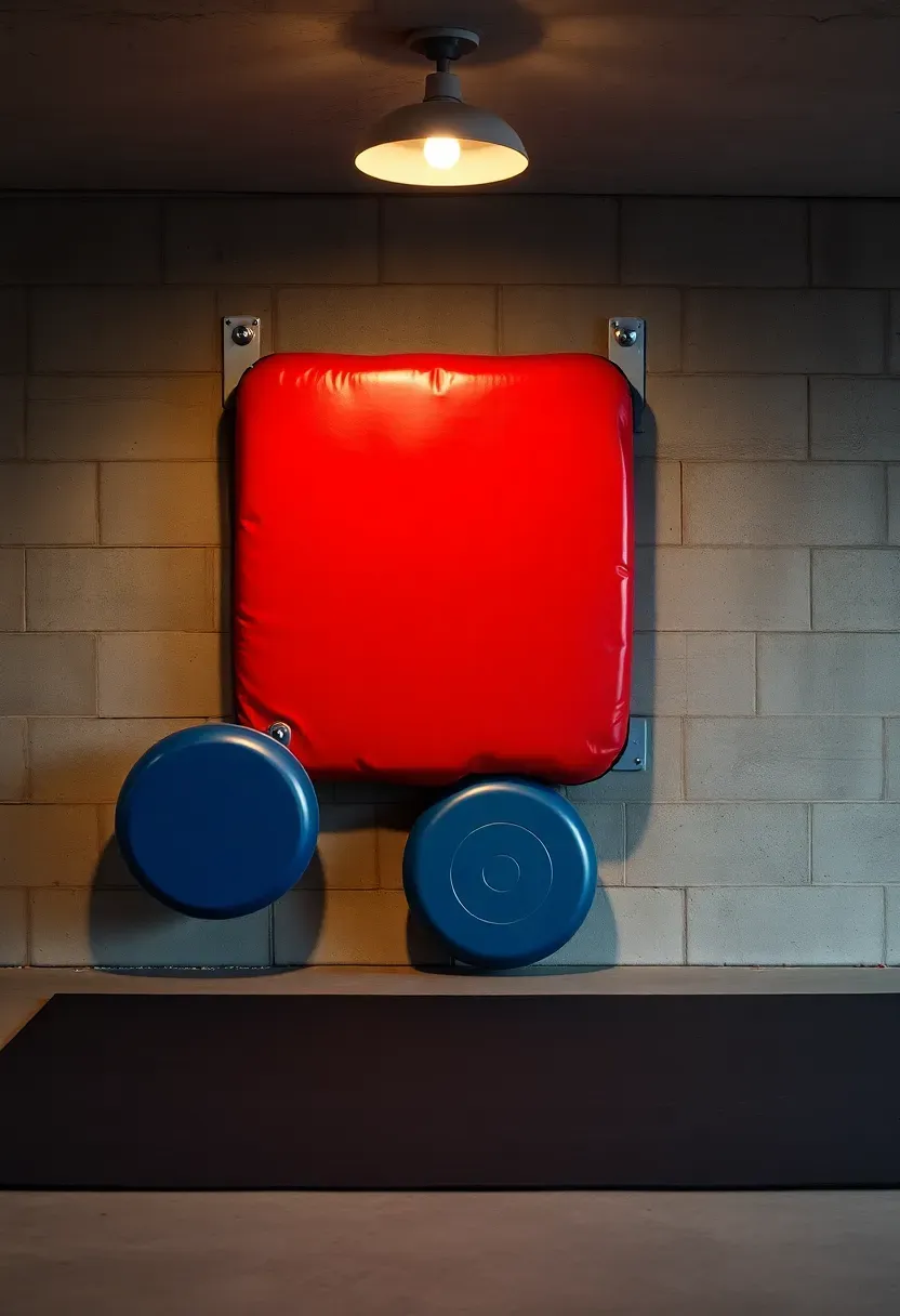 Padded striking wall section in a basement gym with kick pads, punch mitts mounted on brackets, and a floor mat for footwork